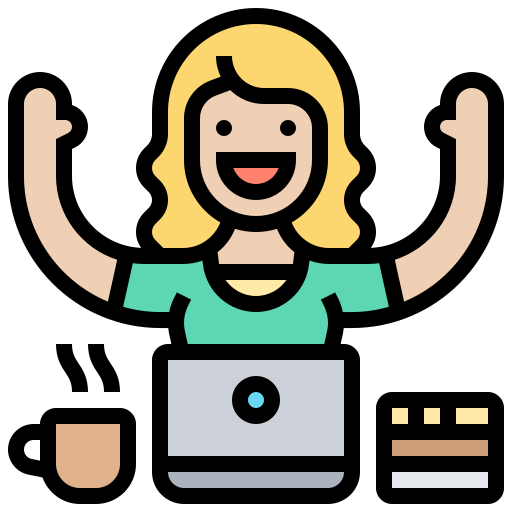 Desenho de uma mulher sorrindo em frente ao computador com as mãos levantadas.